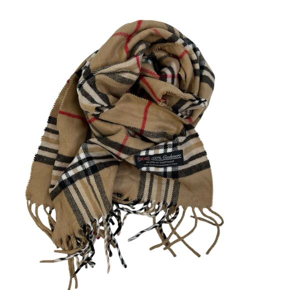 Cashmere Scarf 73x12 Plaid Novacheck Fringe Detail Knit Soft Warm Preppy Beige - Picture 1 of 10